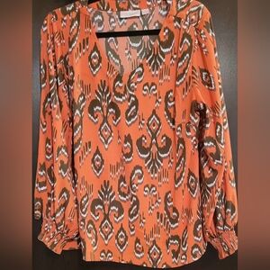 Belle by Kim Gravel Orange Patterned Blouse